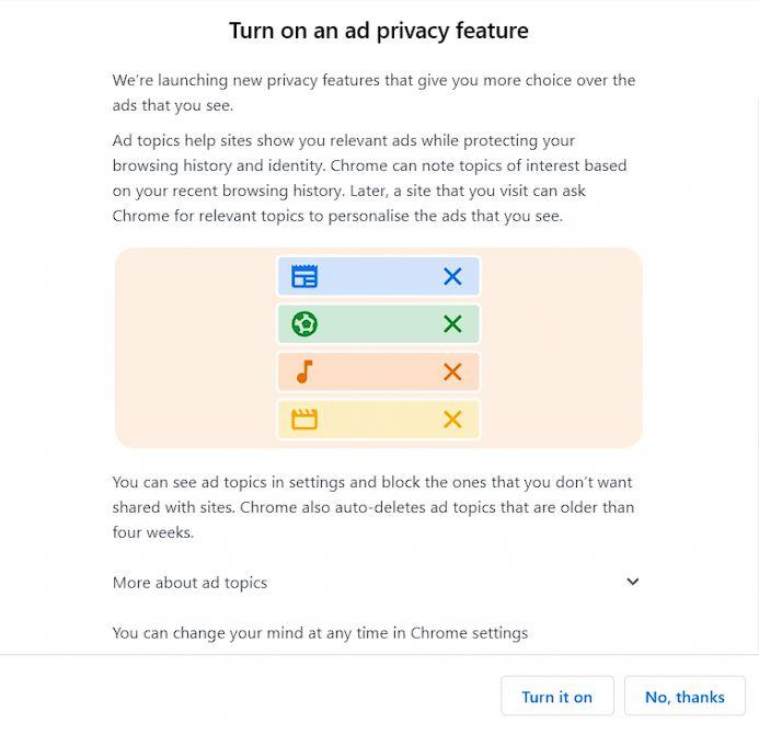 Privacy Sandbox by Google - Aviso en Chrome
