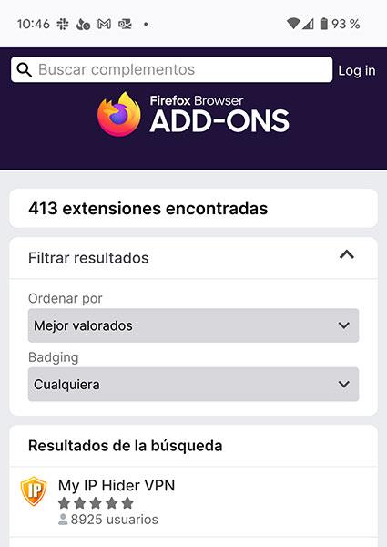 Número de extensiones de Firefox en Android