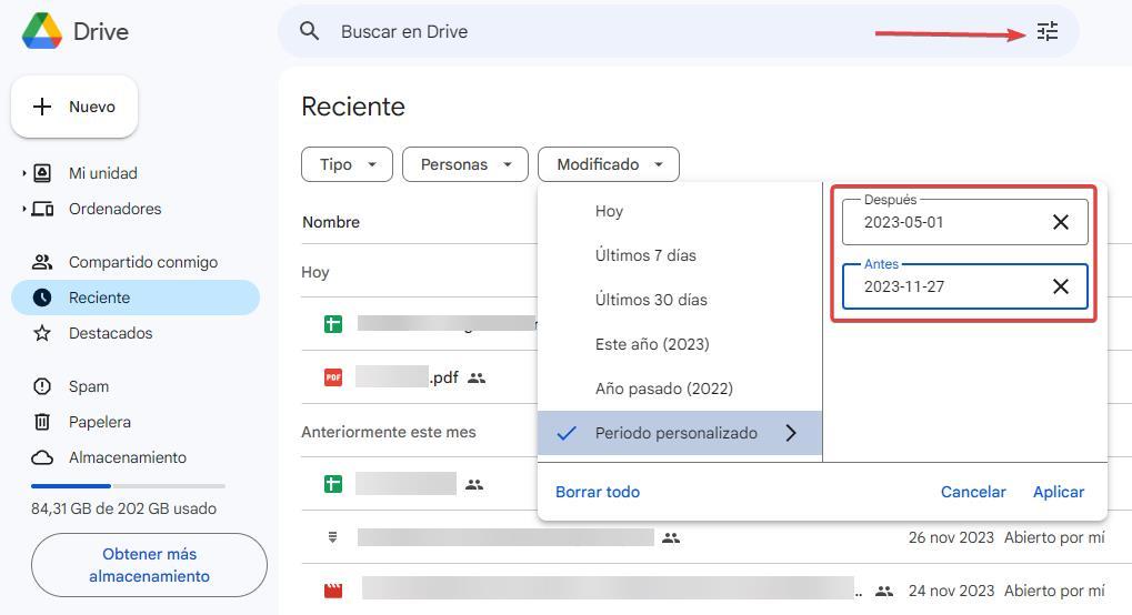 Buscar archivos por fecha en Google Drive