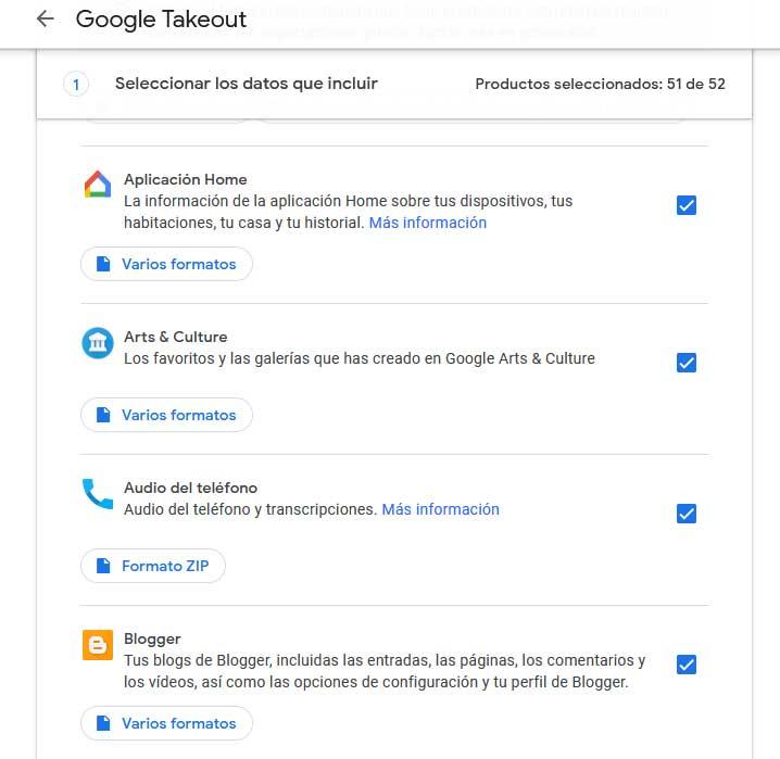 interfaz Google Takeout