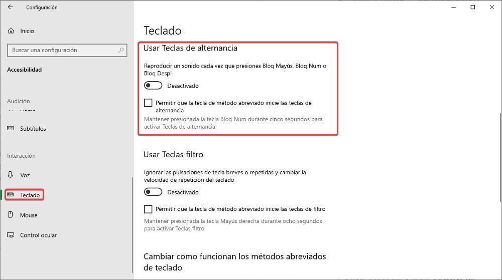 Opciones accesibilidad del teclado en Windows