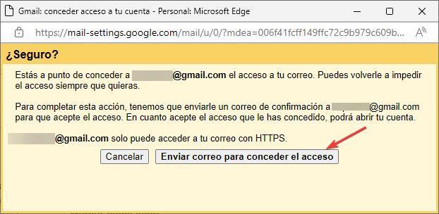 Confirmar que queremos compartir acceso a una cuenta de Gmail