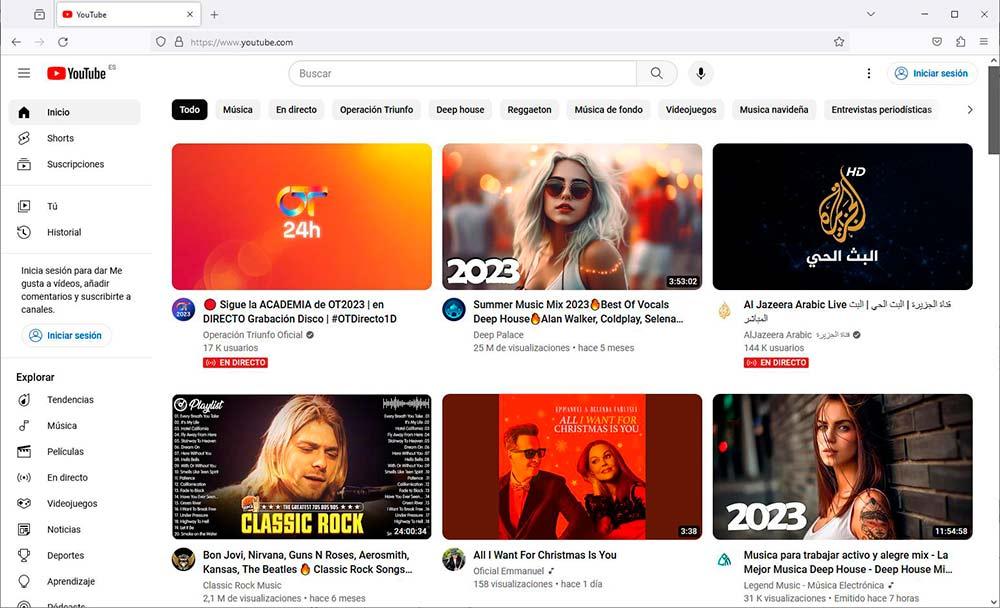 Firefox mostrando la web de YouTube