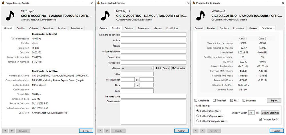 Información archivos de audio con Ocenaudio