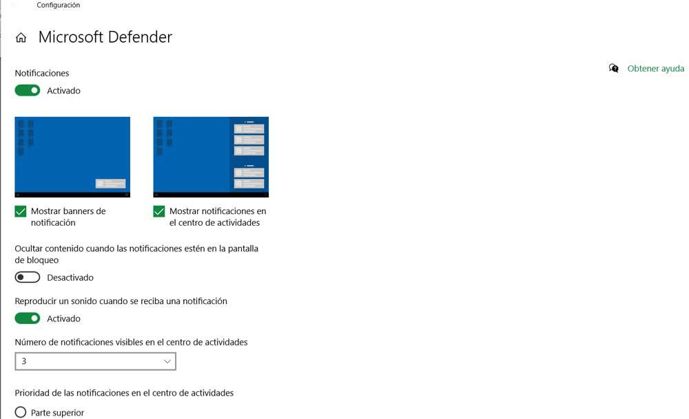 configuracion notificaciones Windows defender