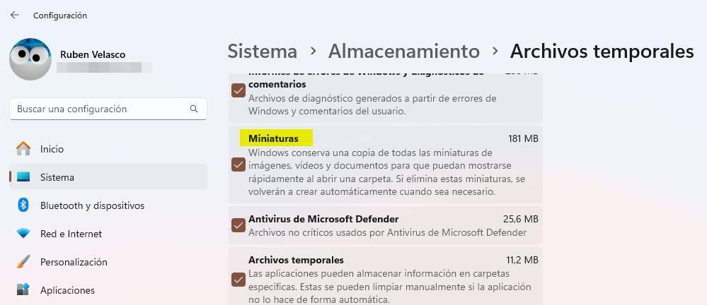 Borrar datos miniaturas Windows 11