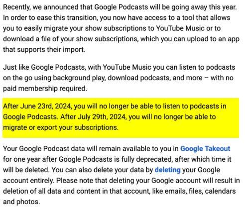 Google Podcast aviso cierre servicio