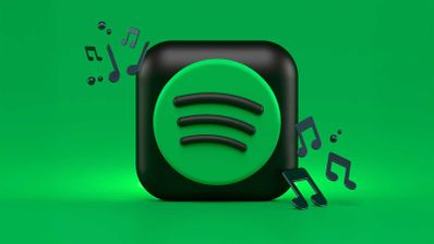 Icono 3D de Spotify con notas musicales y un fondo verde.
