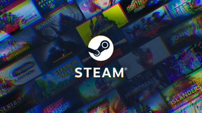 Logo oficial de la plataforma de videojuegos Steam de Valve Corporation sobre un fondo azul con ilustraciones de juegos populares