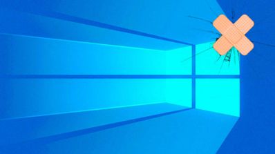 Fondo de Windows 10 con un agujero y un parche formado por tiritas