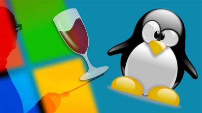 Logo de Wine superpuesto al de Tux, el pingüino de Linux, simbolizando la ejecución de aplicaciones de Windows en Linux