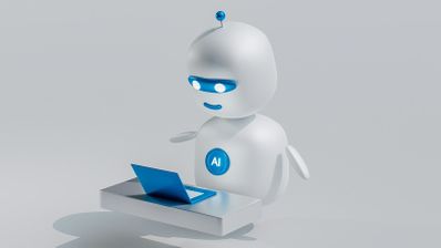 Ilustración de pequeño robot interactuando con PC portátil, en relación a la interacción de los modelos y apps de IA.