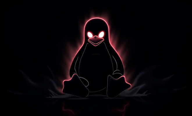 Ilustración de Tux, la mascota de Linux, con un aura de energía roja, simbolizando el lado oscuro de algunas distros Linux