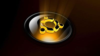 Logo oficial de Ubuntu con luz interior sobresaliendo en tonos dorados
