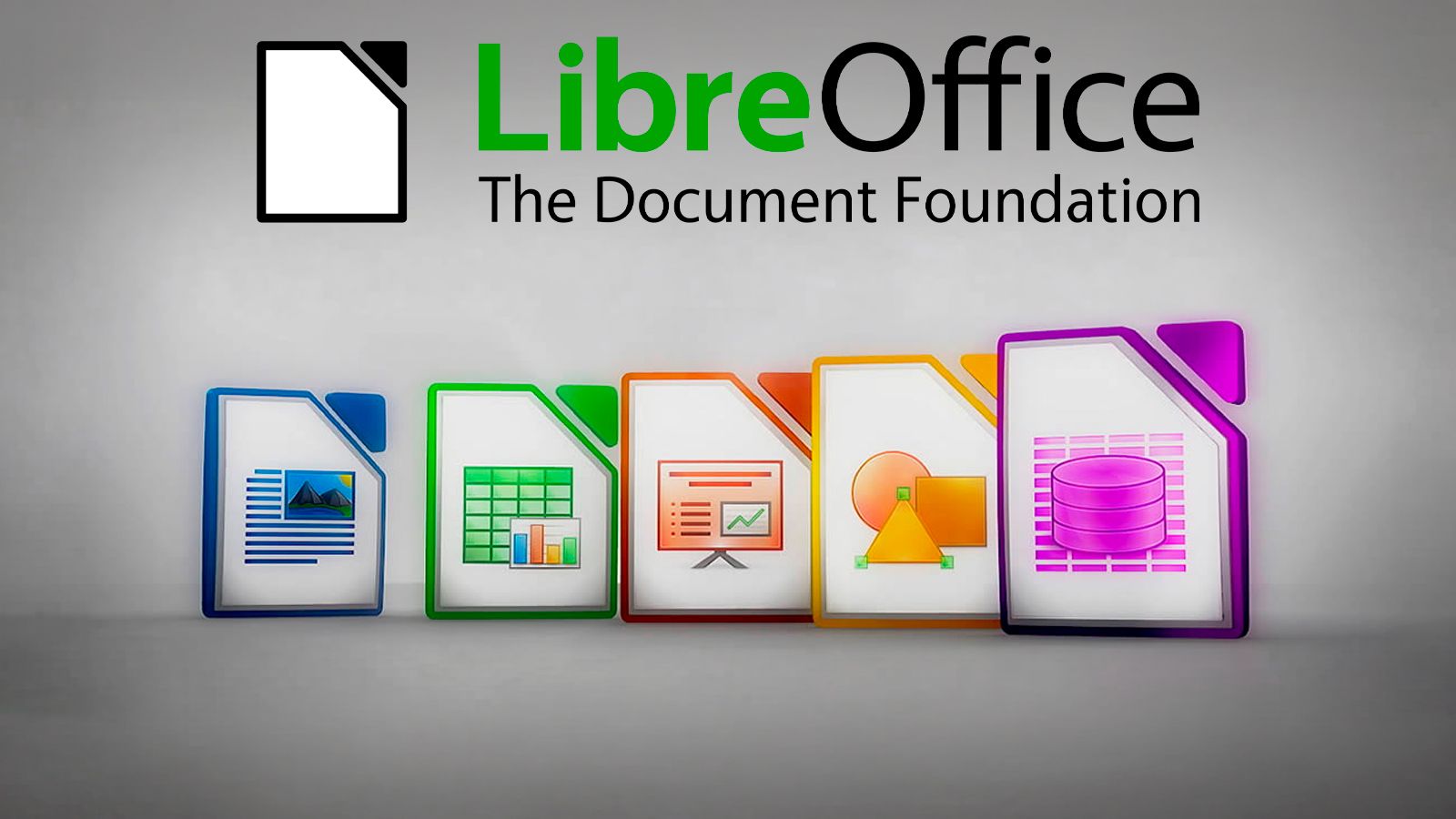 Iconos de aplicaciones de LibreOffice: Writer, Calc, Impress, Draw y Base.