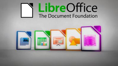 Iconos de aplicaciones de LibreOffice: Writer, Calc, Impress, Draw y Base.