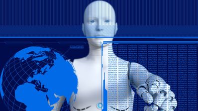 Robot navegando por la web con un globo terráqueo