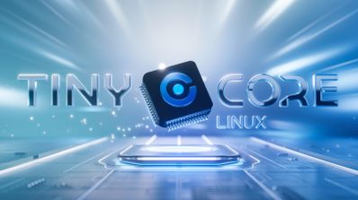 Logotipo de Tiny Core Linux en un microprocesador flotante sobre un circuito electrónico con luces y destellos azules.