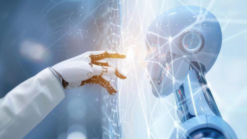 Una mano tocando el rostro de robot de IA.