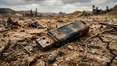 Memoria USB oxidada abandonada en un terreno árido y desértico.