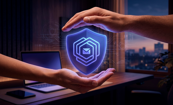 Manos sosteniendo un escudo protector holográfico de color azul que contiene un sobre de correo electrónico, frente a un ordenador portátil en una oficina.