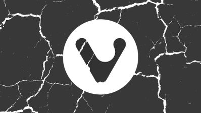 Logotipo estilizado del navegador Vivaldi integrado en una superficie negra con grietas radiales blancas.