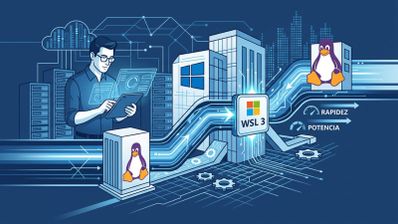 Ilustración conceptual de un desarrollador operando el subsistema de Windows para Linux (WSL 3) mediante circuitos que conectan servidores Linux con el entorno de Windows.