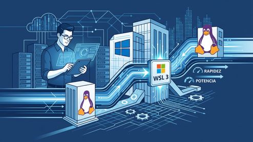 Ilustración conceptual de un desarrollador operando el subsistema de Windows para Linux (WSL 3) mediante circuitos que conectan servidores Linux con el entorno de Windows.