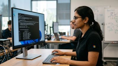 Programadora trabajando en una oficina con un monitor que muestra una consola de comandos sobre el escritorio de Windows 11.