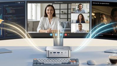 Mini PC con un monitor videoconferencia.