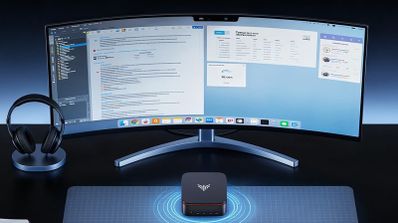Mini PC en funcionamiento con dos pantallas sobre el escritorio.