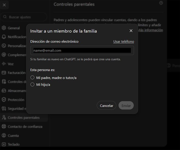 Correo control parental ChatGPT.