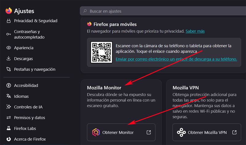 Mozilla monitor activación en Firefox.