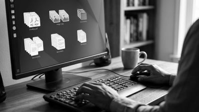 Persona utilizando un ordenador con el escritorio de Ubuntu configurado con grupos de archivos apilados por tipo de documento.