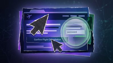Ilustración conceptual de una interfaz web con un botón para confirmar la cancelación de un vuelo, cursores de ratón y un campo de contraseña protegido por una burbuja transparente.