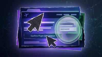 Ilustración conceptual de una interfaz web con un botón para confirmar la cancelación de un vuelo, cursores de ratón y un campo de contraseña protegido por una burbuja transparente.