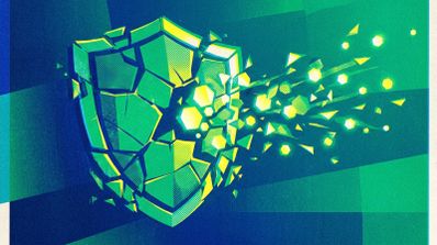 Ilustración de un escudo verde y amarillo fragmentándose en piezas geométricas sobre un fondo azul.