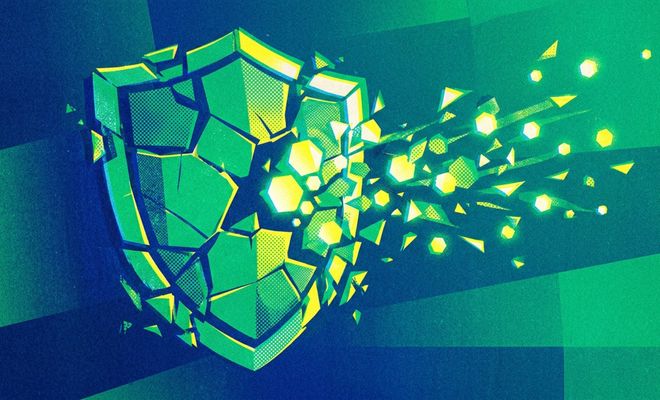 Ilustración de un escudo verde y amarillo fragmentándose en piezas geométricas sobre un fondo azul.