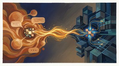 Ilustración conceptual de una corriente de datos luminosa conectando una estructura orgánica con burbujas de chat y un núcleo tecnológico geométrico.