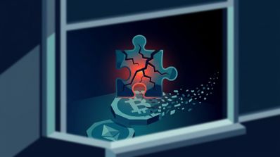 Ilustración conceptual de una pieza de puzzle agrietada y con luz roja sobre monedas de Bitcoin y Ethereum que se deshacen en fragmentos.