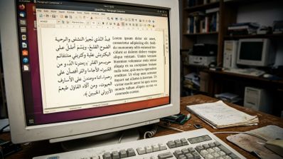 Monitor de tubo que muestra la interfaz de LibreOffice con un documento abierto en árabe y latín mediante la función Paragraph Composer en un entorno de escritorio clásico.