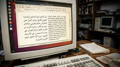 Monitor de tubo que muestra la interfaz de LibreOffice con un documento abierto en árabe y latín mediante la función Paragraph Composer en un entorno de escritorio clásico.