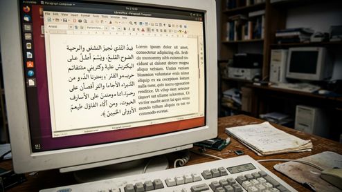 Monitor de tubo que muestra la interfaz de LibreOffice con un documento abierto en árabe y latín mediante la función Paragraph Composer en un entorno de escritorio clásico.