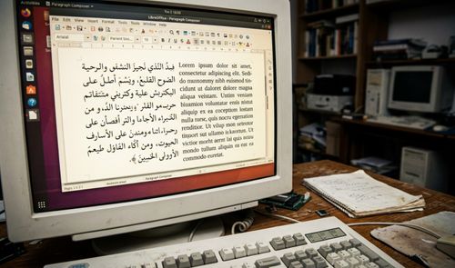 Monitor de tubo que muestra la interfaz de LibreOffice con un documento abierto en árabe y latín mediante la función Paragraph Composer en un entorno de escritorio clásico.