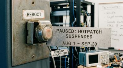 Detalle de un botón físico metálico de reinicio con una placa que indica la suspensión del servicio Hotpatch entre agosto y septiembre.