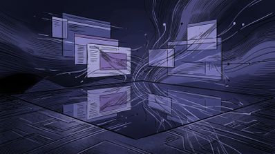 Ilustración conceptual de ventanas de interfaz digital flotando sobre una superficie reflectante con líneas de datos fluidas en tonos morados.