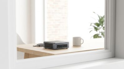 Mini PC NiPoGi P2 con procesador AMD Ryzen y Windows 11 sobre un escritorio