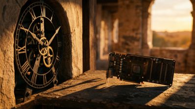 Una tarjeta gráfica NVIDIA sin carcasa junto a un gran reloj de engranajes metálicos bajo una luz de atardecer.