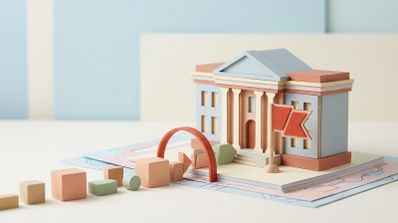 Maqueta de estilo minimalista que representa un edificio institucional o gubernamental rodeado de figuras geométricas sencillas.