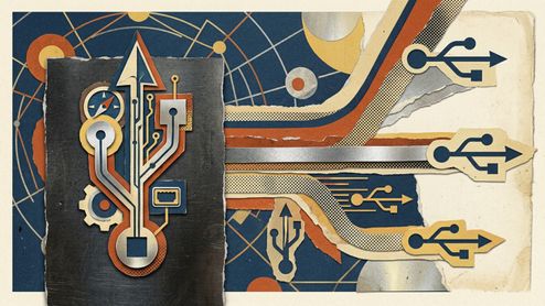 Ilustración conceptual de estilo collage con el logotipo del tridente USB y diversas variantes de sus iconos de conexión.